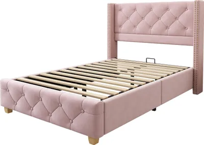 Produktbild von okwish Polsterbett Jugendbett 90×200cm Einzelbett mit Lattenrost und Kopfteil,Knopfpolsterung, Nietenpolsterung,aus Samt, Rosa-ohne Matratze