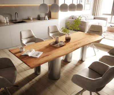 Produktbild von DELIFE Esstisch Edge 260x100 Akazie Natur Pilier Edelstahl gebürstet Live-Edge