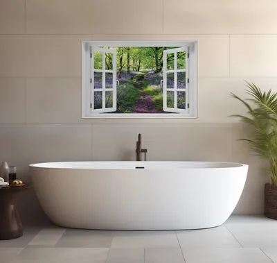 Produktbild von Wallario wasserfestes Poster selbstklebend 91,50 x 61 cm, Blaues Hasenglöckchen im Wald, Badezimmerposter Spritzschutz mit Hochglanzoberfläche in Glasoptik