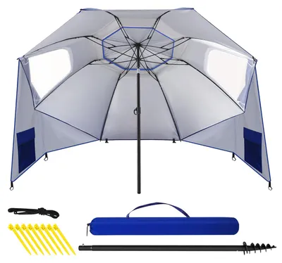Image de Parasol Peviasot 210 cm UV50+ avec piquet à visser, résistant au vent, inclinable et portable, pour la plage, le balcon ou le jardin, bleu