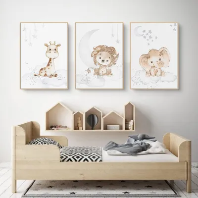 3er-Set Kinderzimmer-Poster, Tiermotive, 30x40 cm