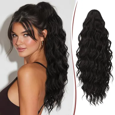 Image de Extension de queue de cheval avec clip, 50 cm, cheveux synthétiques ondulés, noir ou marron