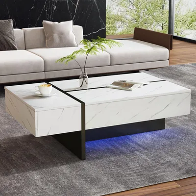 Obrázek produktu pro Fortuna Lai Moderní bílý konferenční stolek s LED osvětlením, mramorovým vzorem, lesklou deskou – 105 × 60 × 35 cm – nepravidelný design Konferenční stolek, konferenční stolek, příborník do obývacího pokoje