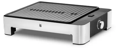 Imagen del producto de WMF, parrilla de mesa Lono, superficie de cocción con relieve de 27x27 cm, 1250 vatios, Cromargan mate, modelo 330012, código de barras 4211129128704
