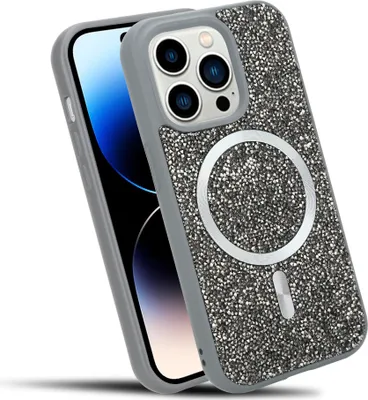 Image de Cadorabo Housse pour Apple iPhone 14 PRO MAX Housse scintillante compatible avec MagSafe en GRIS Housse magnétique pour téléphone portable Sparkle Diamond pour Apple iPhone 14 PRO MAX antichoc Diamant Crystal Housse de protection avec force magnétique