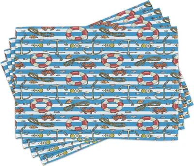 Produktbild von ABAKUHAUS Nautik-Party Platzmatten, Zusammensetzung mariner Elemente und Muscheln auf einem Hintergrund der Streifen, 30 x 45 cm, Sea Blue Mehrfarbig