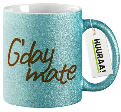 Produktbild von Huuraa Glitzertasse G`day mate Spruch 330ml Blau Keramik Kaffeebecher Geschenkidee