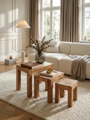 Produktbild von 3er Set MUMBAI Satztisch Massiv-Holz Akazie Wohnzimmer-Tisch Landhaus-Stil Beistelltisch dunkel-braun Naturholz