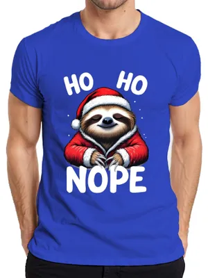 Immagine prodotto di HO HO NOPE Natale bradipo divertente cappello di Babbo Natale regalo inverno t-shirt da uomo, blu, L