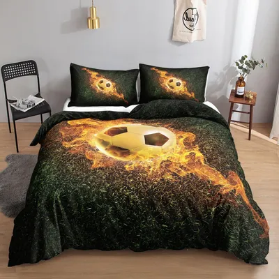 Obrázok produktu pre Sada posteľnej bielizny s motívom futbalu pre deti, s potlačou plameňov, obsahuje 2 obliečky na vankúše (80x80 cm) a 1 obliečku na prikrývku (200x200 cm)