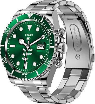 A close-up studio shot of a smartwatch with a green face and a silver metal band.