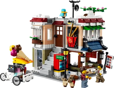 Produktbild von LEGO 31131 Creator Nudelladen, Fahrradladen und Spielhalle, 3in1 Konstruktionsspielzeug mit Zubehör wie Spielautomaten, Bonsai und Hunde-Figur, Geschenk für Kinder ab 8 Jahren, Modular Building