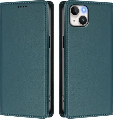 Image de Étui en cuir pour iPhone 14 Plus, étui à rabat magnétique en cuirPolyuréthaneavec support, vert