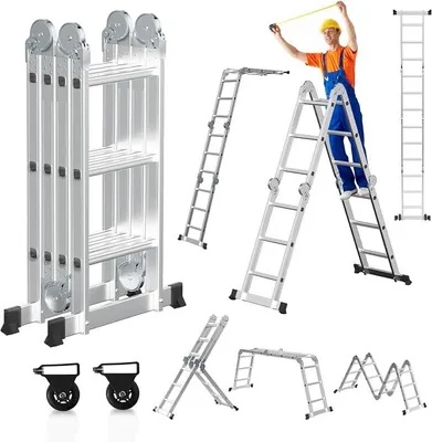 Produktbild von 4x3 Mehrzweckleiter 360cm 7 in 1 Alu Leiter mit 2 plattform und 2 Transport Rollen bis 150 kg?Vielzweckleiter Klappleiter Kombileiter Anlegeleiter Steigleiter Multifunktionsleiter