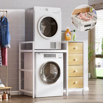 Produktbild von 4-in-1 Waschmaschinenständer mit abnehmbarem Wickeltisch, mit 4 Schubladen, 112x108x64 cm, Stapelregal für Waschmaschine & Trockner Minikühlschränke