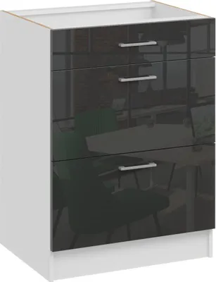 Produktbild von Roe Furniture | Küchenunterschrank 60 cm - Schwarz – Schwarz Glänzend - 3 Schubladen - Ohne Arbeitsplatte - Unterschränke Küche - Küche - DS63