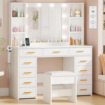 Immagine prodotto di Comò con specchio - Tavolino da trucco con sgabello - Ideale per il trucco - Con 3 livelli di illuminazione - Larghezza 140 cm - Bianco