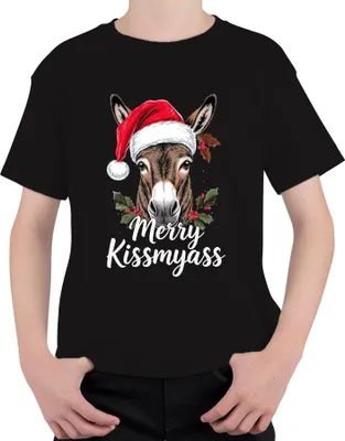 Produktbild von Merry Kissmyass lustiger Esel Weihnachtsesel Weihnachtsmütze Uni Kinder T-Shirt, Schwarz, 140