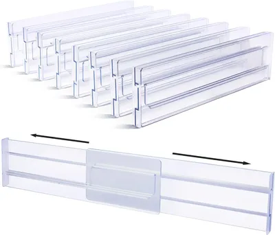 Obrázek produktu pro Dělicí přepážky do zásuvek, balení po 8 kusech, nastavitelné, výška 8,1 cm, roztažitelné od 31,8 do 55,1 cm, organizér do kuchyňských zásuvek, na uložení oblečení a kancelářských potřeb