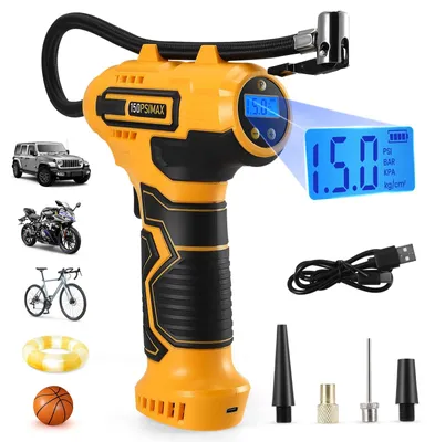 Immagine prodotto di Compressore d'aria portatile - Pompa d'aria per auto senza fili - 150 PSI - 2 batterie - 4 adattatori per ugelli - Adatto per auto e motociclette - Alimentazione DC - Colore: giallo