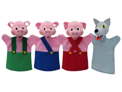 Obrázek produktu pro Sada 4 maňásků na ruku Tři prasátka a vlk 26 cm, vícebarevný, 22784S