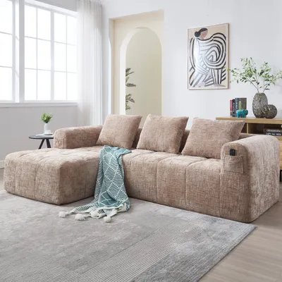 Produktbild von Odikalo Loungesofa Sektionssofa L-Form Chenille Sofa Chaiselongue Seitentasche Khaki