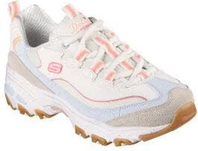 A single white athletic shoe with pink and blue accents.