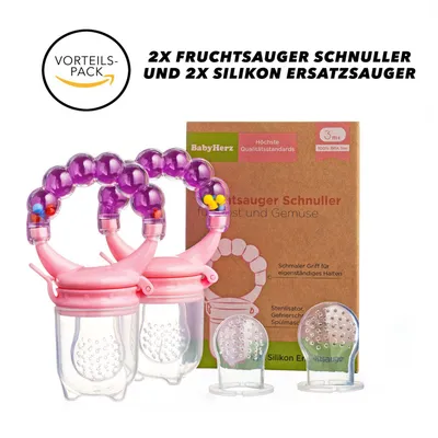 Produktbild von Baby Fruchtsauger Rasselschnuller 2er Set – BPA-freier Obstsauger & Gemüsesauger mit 2 Ersatzsaugern für Babys ab 3 Monate (Rosa)