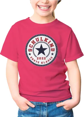 Produktbild von Kinder T-Shirt Mädchen Schulkind 2022 erste Klasse Stern Geschenk zur Einschulung Schulanfang Moonworks® pink 122-128 (7-8 Jahre)