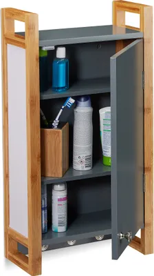 Produktbild von Relaxdays Hängeschrank Bad, Wandschrank mit Bambusrahmen und 3 Haken, Badhängeschrank HBT 58 x 31,5 x 15 cm, dunkelgrau