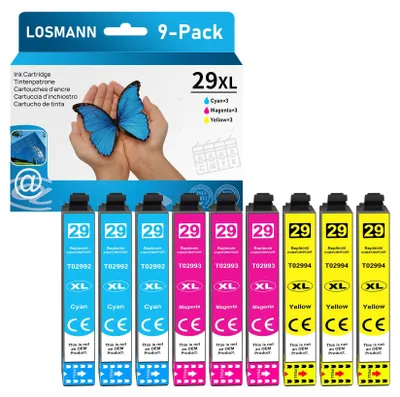 Image de Cartouches d'encre LOSMANN 29XL compatibles avec les imprimantes Epson 29 XL, lot de 9 couleurs (cyan, magenta, jaune) pour les modèles XP-235, XP-245, XP-255, XP-332, XP-335, XP-342, XP-352, XP-345, XP-432, XP-435, XP-442, XP-445