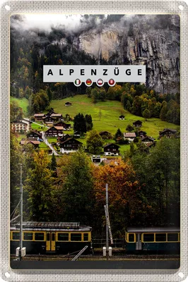 Produktbild von Blechschild Reise 20x30cm Alpenzüge Schweiz Bahn Tal Häuser