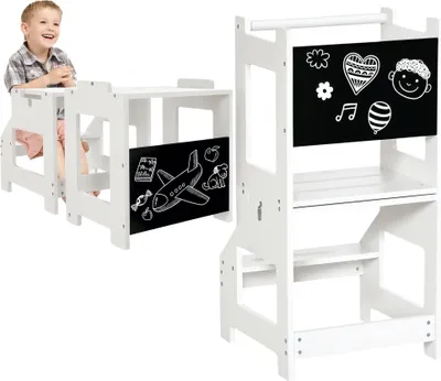 Image de HOMCOM 3 en 1 tour d'observation enfant, tour d'apprentissage avec barreau, hauts rebords de sécurité et tableau noir, marches antidérapantes, learning tower, adapté aux enfants de 3 à 6 ans, blanc