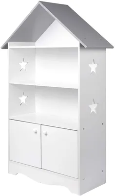 Produktbild von Kinderbücherregal mit Türen und Sternen | Weiß-grau | 28,3x62x115cm