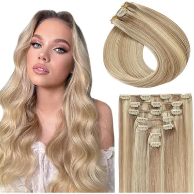 Produktbild von Clip in Extensions Echthaar Aschblond Platinblond 30cm 70g 7 Stück Glatt