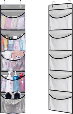 Image de Organisateur de rangement suspendu pour porte, avec 5 sacs en filet, système de rangement suspendu multifonctionnel, idéal pour la salle de bain et les placards