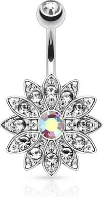 Produktbild von Bauchnabelpiercing Blume Blüte Kristall Chirurgenstahl 14 kt Gold Bauchnabel Piercing silber-klar 10 mm