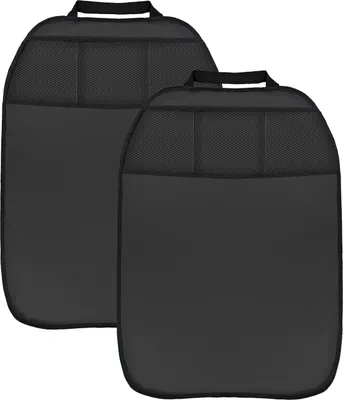 Two black car seat back protectors are shown against a white background.