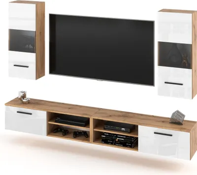 Zdjęcie produktu dla Meblościanka Wisząca Do Salonu 240Cm Pojemna Szafka Rtv Wotan Biała Połysk