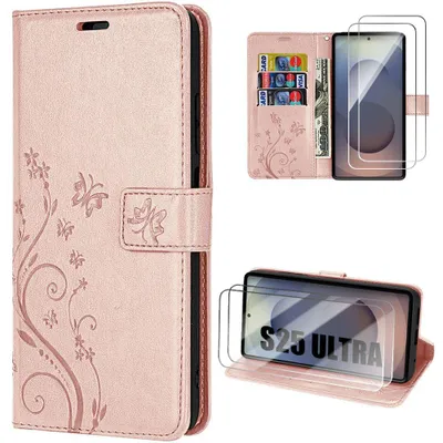 Image de Coque + 2 Verres Trempés pour Samsung Galaxy S25 Ultra, Protection Antichoc Cuir Synthétique Motif Relief Papillon Rose