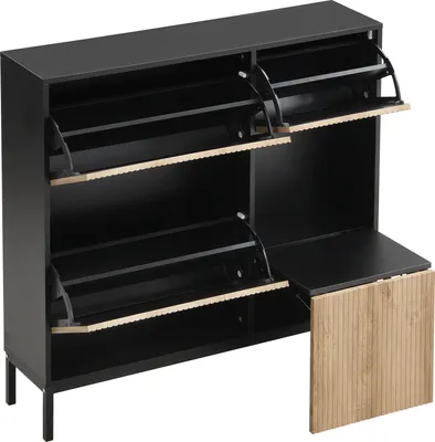 Produktbild von MODFU Schuhschrank,Schuhregal mit Schuhwechselhocker,100 L x100 H x 25B (cm) mit offener Ablagefläche, geeignet für Flur, Schlafzimmer,Schwarz + Holzfarbe