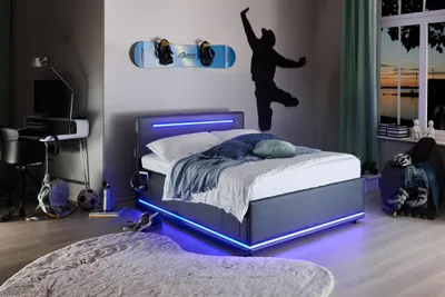 Produktbild von Meise Möbel Jugendbett Circle 120x200 cm | Bettgestell | LED & USB | 4 Betttaschen | Kunstleder Schwarz | Holzfuß schwarz