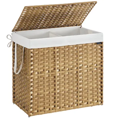 A woven laundry basket with a lid and white liner, shown against a white background.