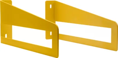 Two yellow metal shelf brackets are shown against a white background.
