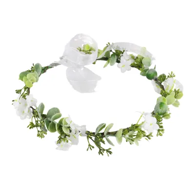 Produktbild von Haarkranz für die Braut, grüne Blätterkrone, Blumenkrone, Haarschmuck für die Braut, Bohemian-Stil, Eukalyptus, Netz-Dekorband, Hochzeit, Geburtstag, Urlaub, Party, Festival, Foto-Requisite, Weiß