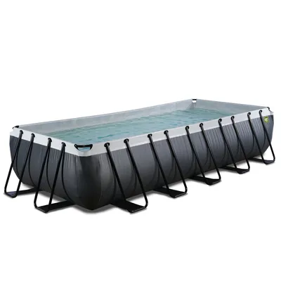 An above-ground rectangular swimming pool filled with water, set against a white background.