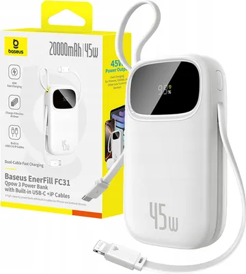 Obrázok produktu pre Baseus – Power Bank EnerFill FC31 Qpow 3 powerbanka s USB-C/Lightning káblami 20000 mAh 45W s digitálnym displejom – mesačná biela
