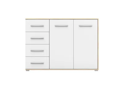 Produktbild von 2er-Set Schwebetürenschrank Schrank Kleiderschrank mit Spiegel Sonoma/Weiß 120cm NEOMI 01 mit Kommode 135cm FRIDA 01