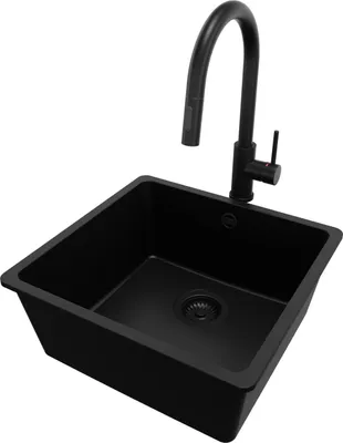 Produktbild von PRIMAGRAN Unterbauspüle Granit Alles Schwarz 46x44cm, Spülbecken 1 Becken + Küchenarmatur 40x20cm + Ablauf-Set, Granitspüle ab 50er Unterschrank - Venedig Easy