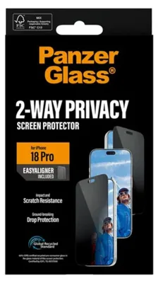 Zdjęcie produktu dla PanzerGlass ® 2-Way Privacy Screen Protector iPhone 18 Pro | Ultra-Wide Fit w. EasyAligner, Apple - iPhone 18 Pro, Aplikacja na sucho, Odporny na zadrapania, Odporny na wstrząsy, Przezroczysty, 1 szt.